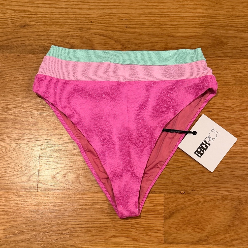 Beach Riot Pink High-Waist Bikini Bottom with Mint & Light Pink Stripes